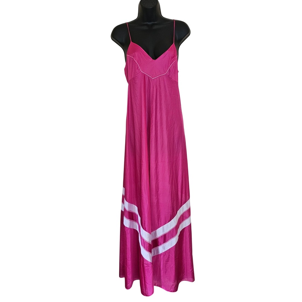 Vassarette Vintage Magenta Pink Maxi Nightgown Antron Nylon White Trim Size 11